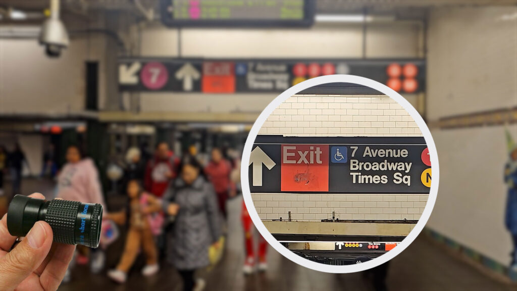 Close-up of a subway sign for 7 Avenue Broadway Times Square in NYC, with a small telescope in the foreground.