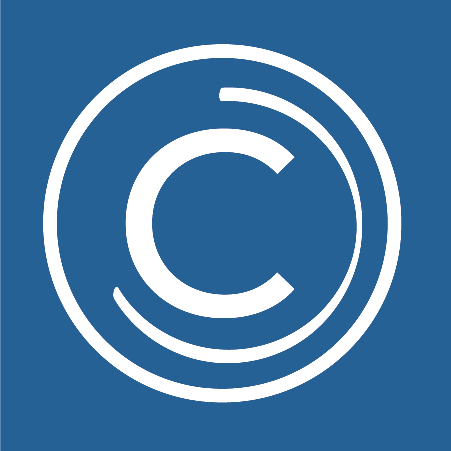 White copyright symbol on blue background, featuring a C within circular lines for intellectual property concept.