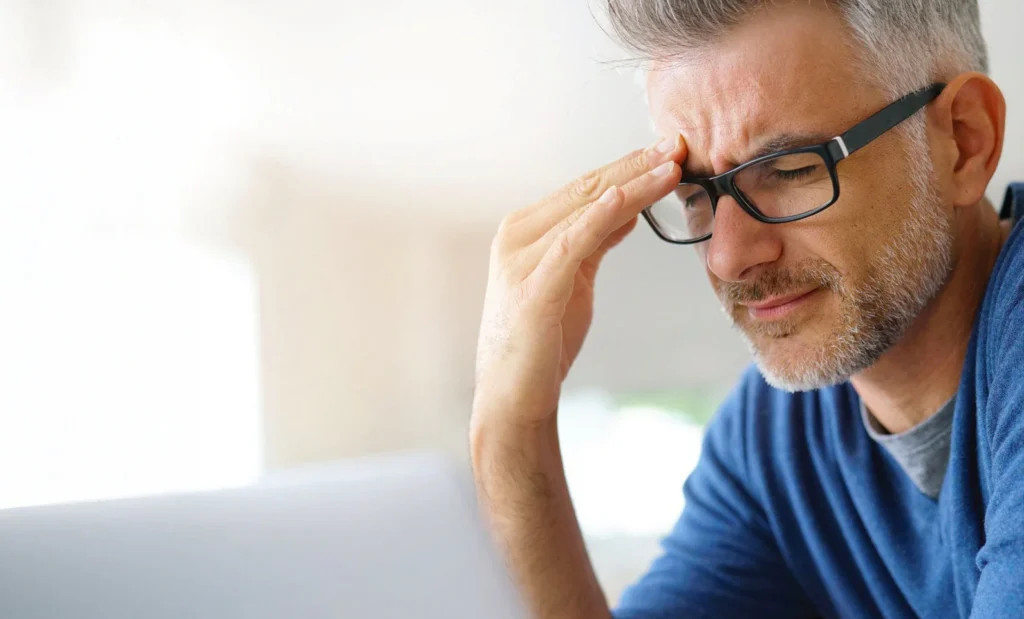 Man with glasses experiencing headache, hand on forehead, stress relief concept.