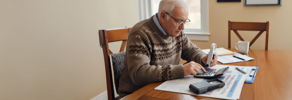 Elderly man using calculator and magnifier for financial planning at home.
