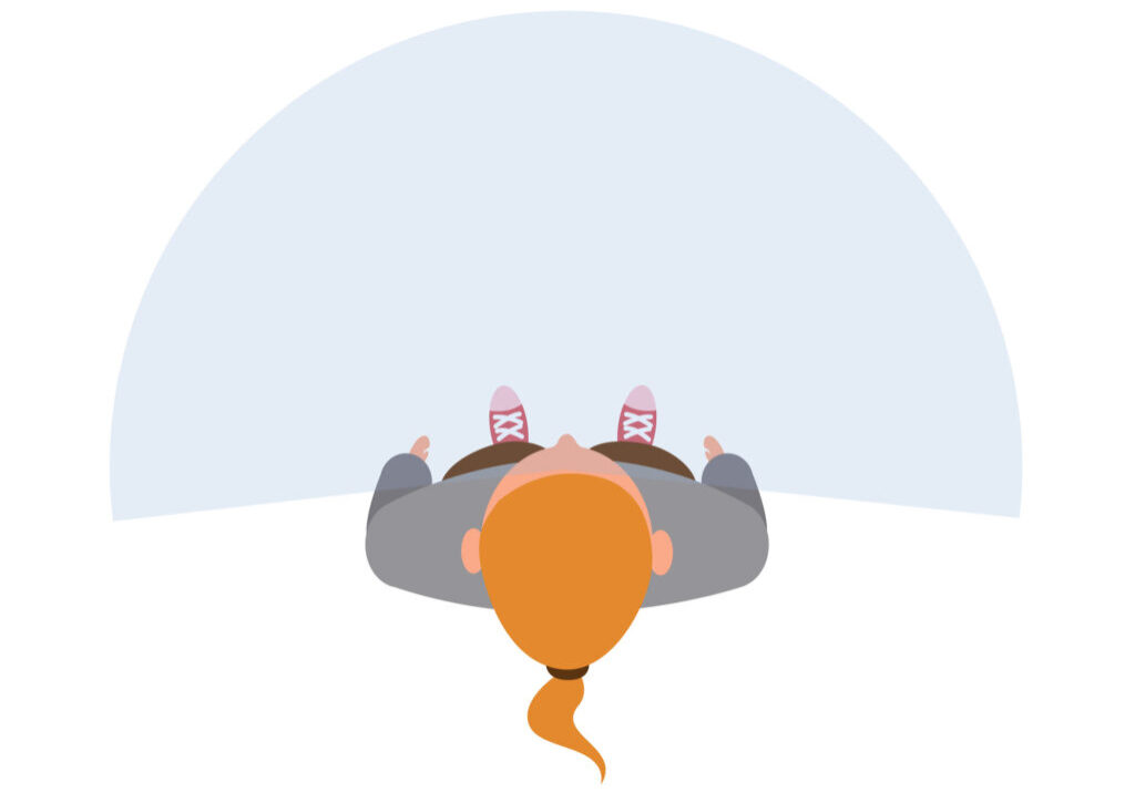 Illustration of a person with red hair, wearing a gray jacket, seen from above with a translucent semicircle background.