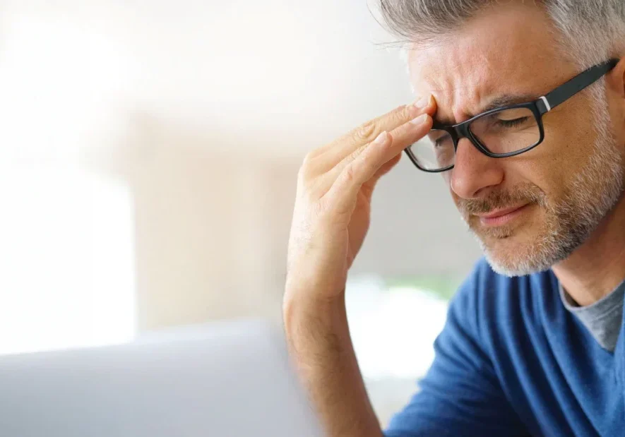 Man with glasses experiencing headache, hand on forehead, stress relief concept.