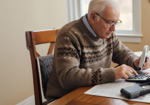Elderly man using calculator and magnifier for financial planning at home.