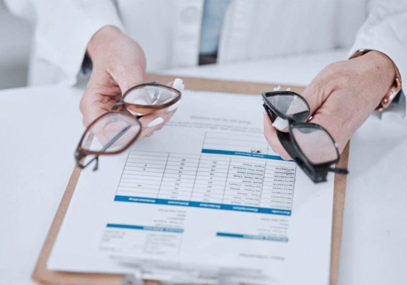 Optometrist holding eyeglasses options over a clipboard with vision test results.