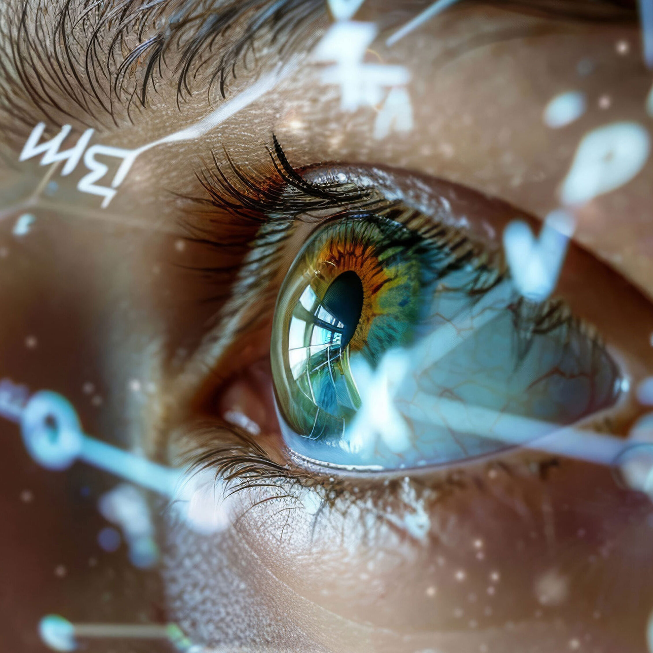 Close-up of an eye with digital elements overlay, symbolizing technology and human connection.