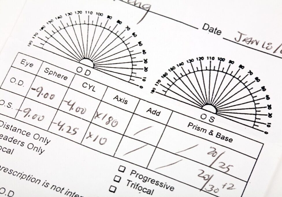 Close-up of an eyeglass prescription with details on sphere, cylinder, and axis for both eyes.