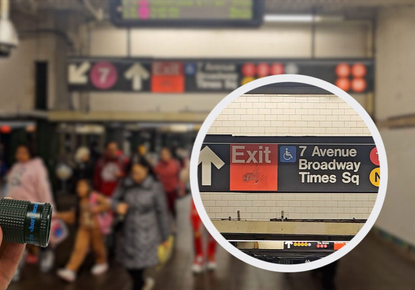 Close-up of a subway sign for 7 Avenue Broadway Times Square in NYC, with a small telescope in the foreground.