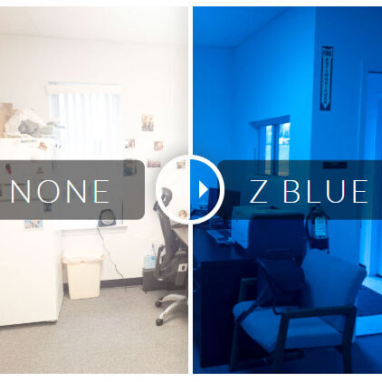Side-by-side comparison of a room with neutral and blue lighting effects.